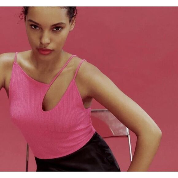 Reformation Royal Knit Tank Top Ribbed VNeck Hot Pink Large Cut out asymmetrical - Picture 1 of 10